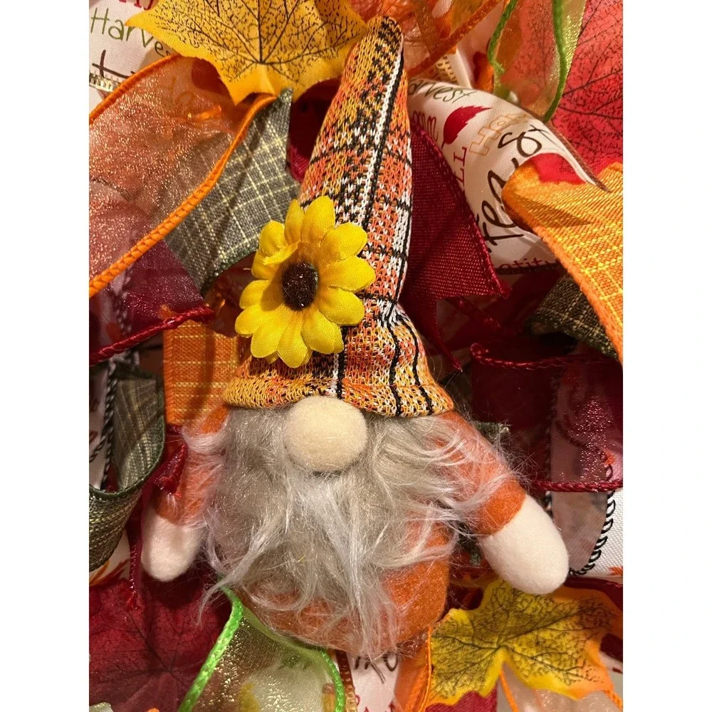13 inch Ribbon Wreath Fall Autumn Thanksgiving Gnome MW5
